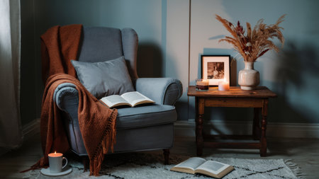 A chair with a blanket on it next to some candles, AIの素材