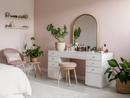 A bedroom with a white vanity, potted plants and two chairs, AIの素材