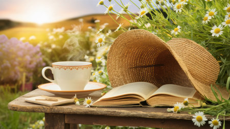 A hat, book and cup of coffee on a table in the middle of flowers, AIの素材