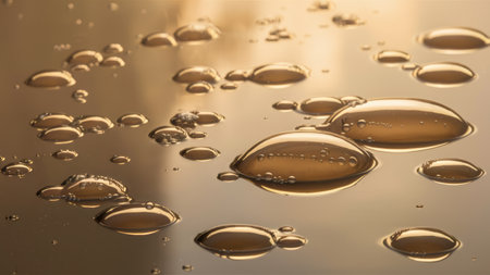 A bunch of water droplets are on a surface with some oil, AIの素材