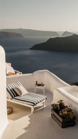 A white and blue striped couch on a terrace overlooking the ocean, AIの素材