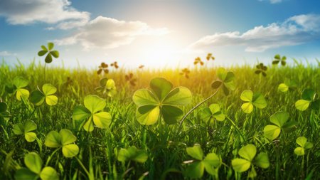A field of clover leaves with a blue sky in the background, AIの素材