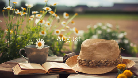 A hat, book and cup of coffee on a table, AIの素材