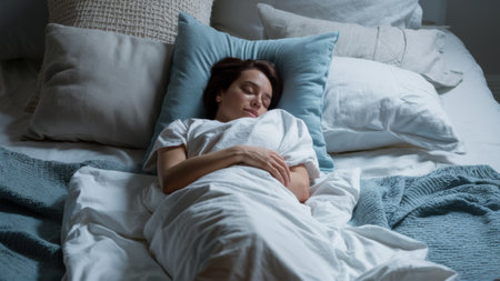 A woman sleeping in a bed with pillows and blankets, AIの素材