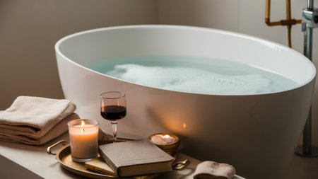 A bathtub with candles, wine and a book next to it, AIの素材