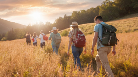 A group of people walking through a field with backpacks, AIの素材