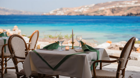 A table set for two with candles and wine glasses on a beach, AIの素材