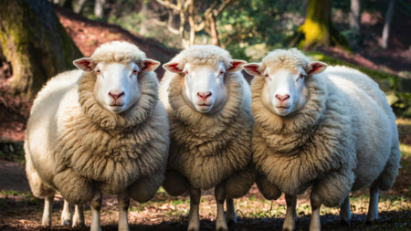 Three sheep standing in a row with their heads turned to the side, AIの素材