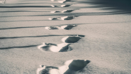 A person walking in the snow with their footprints, AIの素材