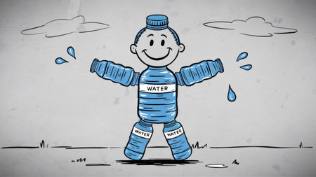 A cartoon drawing of a man in blue clothes with water bottles, AIの素材