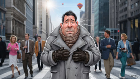 A cartoon image of a man in an overcoat standing on the street, AIの素材