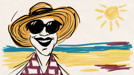 A drawing of a man with sunglasses and hat on smiling, AIの素材