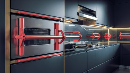 A kitchen with a stainless steel oven and red handles, AIの素材