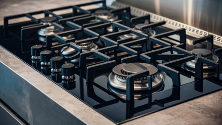 A close up of a gas stove top with four burners, AIの素材