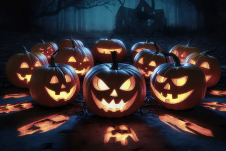 A group of pumpkins with faces carved into them are lit up, AIの素材