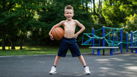 A young boy with no shirt holding a basketball in his hand, AIの素材