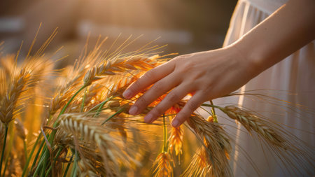 A persons hand reaching into a field of wheat, AIの素材