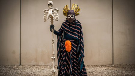A person in a skeleton costume holding up an oversized bone, AIの素材