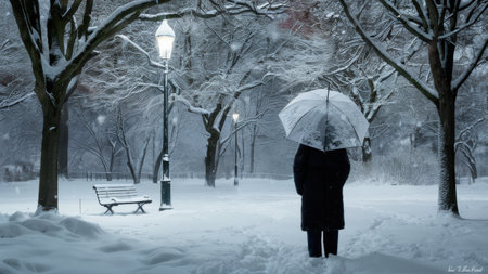 A person standing in the snow with an umbrella, AIの素材