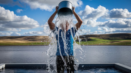 A man standing in a pool of water with his hands up, AIの素材