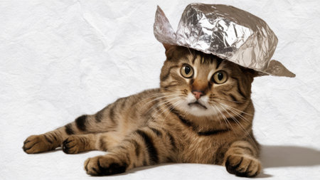 A cat laying on a white surface with tin foil hat, AIの素材