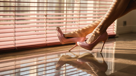 A womans legs in high heels on a floor with blinds, AIの素材