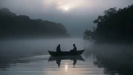 Two people in a boat on the water with fog, AIの素材