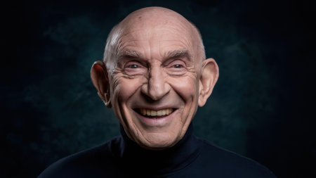A man in a black turtle neck smiling at the camera, AIの素材