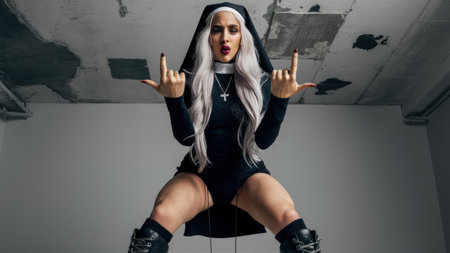 A woman dressed as a nun with her hands up in the air, AIの素材