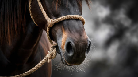 A close up of a horse with rope around its neck, AIの素材