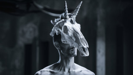 A man with a unicorn head on his neck and horns, AIの素材