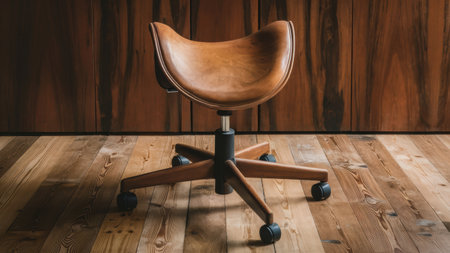 A wooden floor with a brown leather chair sitting on it, AIの素材