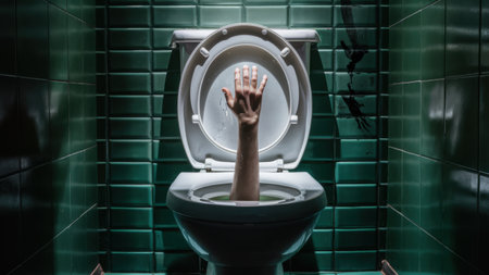 A persons hand reaching into a toilet bowl with the lid up, AIの素材