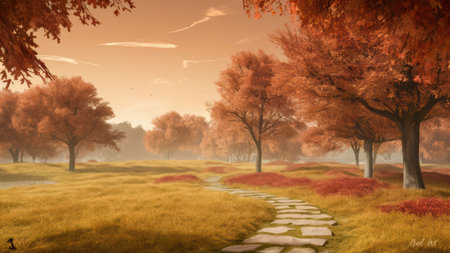 A path through a field with trees and grass, AIの素材