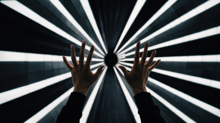 A persons hands are in front of a black and white light, AIの素材