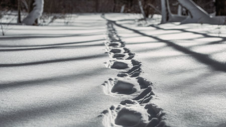 A trail of footprints in the snow leading to a tree, AIの素材