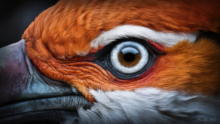 A close up of a birds eye with orange and white feathers, AIの素材