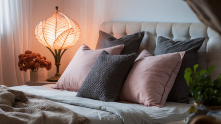A bed with a lamp and pillows on it in front of the window, AIの素材