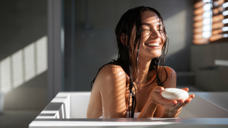 A woman in a bathtub with soap and water smiling, AIの素材
