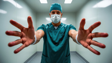 A man in a scrub suit and mask standing with his hands out, AIの素材