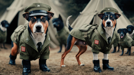 A group of dogs dressed in military gear and boots standing next to tents, AIの素材