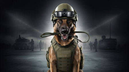 A dog in a military uniform with goggles and helmet, AIの素材