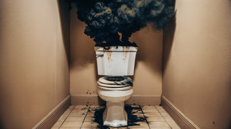 A toilet with a black substance coming out of it in the bathroom, AIの素材