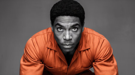 A man in orange prison uniform posing for a picture, AIの素材