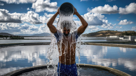 A man in a blue shirt is standing under water, AIの素材