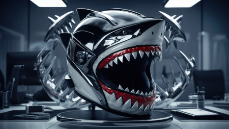 A helmet with a shark mouth on it sitting in front of some other stuff, AIの素材