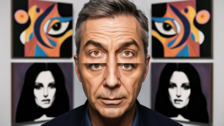 A man with a face that has been manipulated to look like three different people, AIの素材