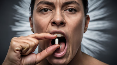 A woman holding a pill in her mouth with an expression of pain, AIの素材