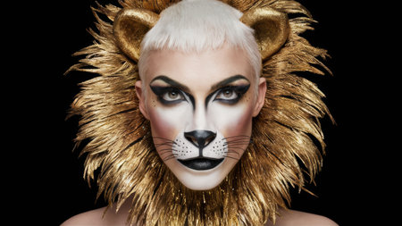 A woman with white face paint and a lion head costume, AIの素材