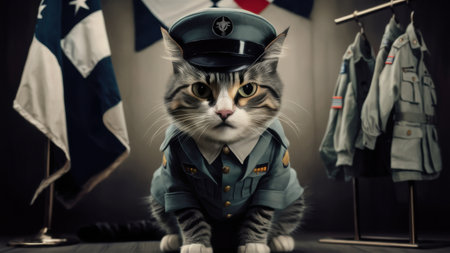 A cat dressed in military uniform sitting on a table, AIの素材